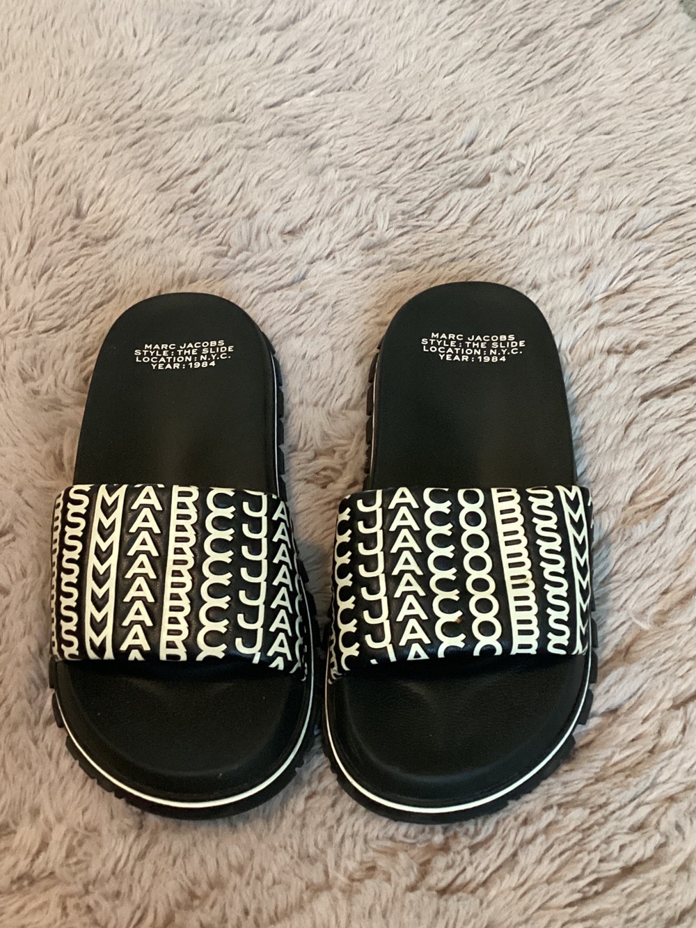 Marc Jacobs Black & White Logo Slide Sandals